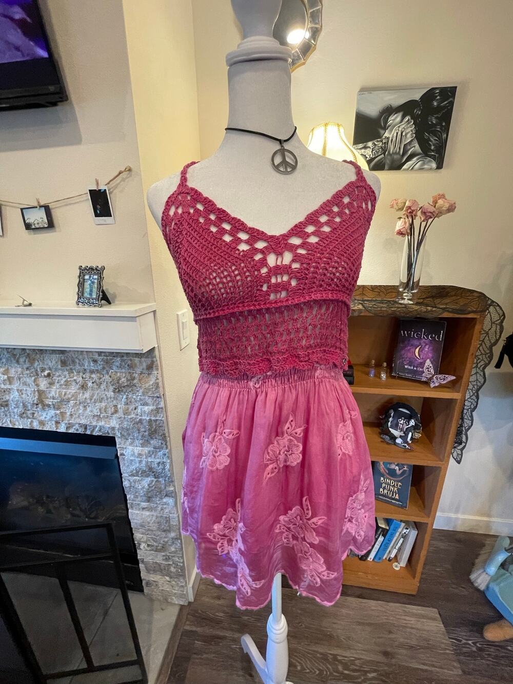 vintage guess pink crochet and embroidered halter top